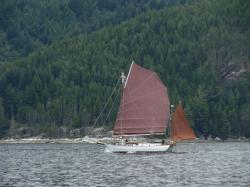 Junk-rigged boat in Princess Louisa Inlet, BC